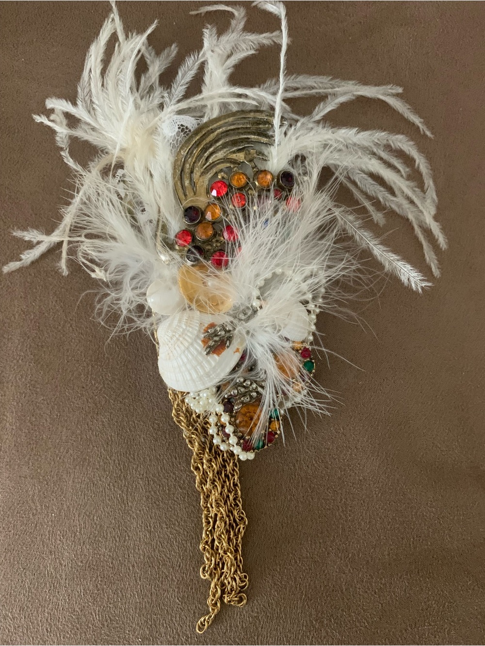 White Feather and Shell Brooch with Gold Chains and Multicolor Gems